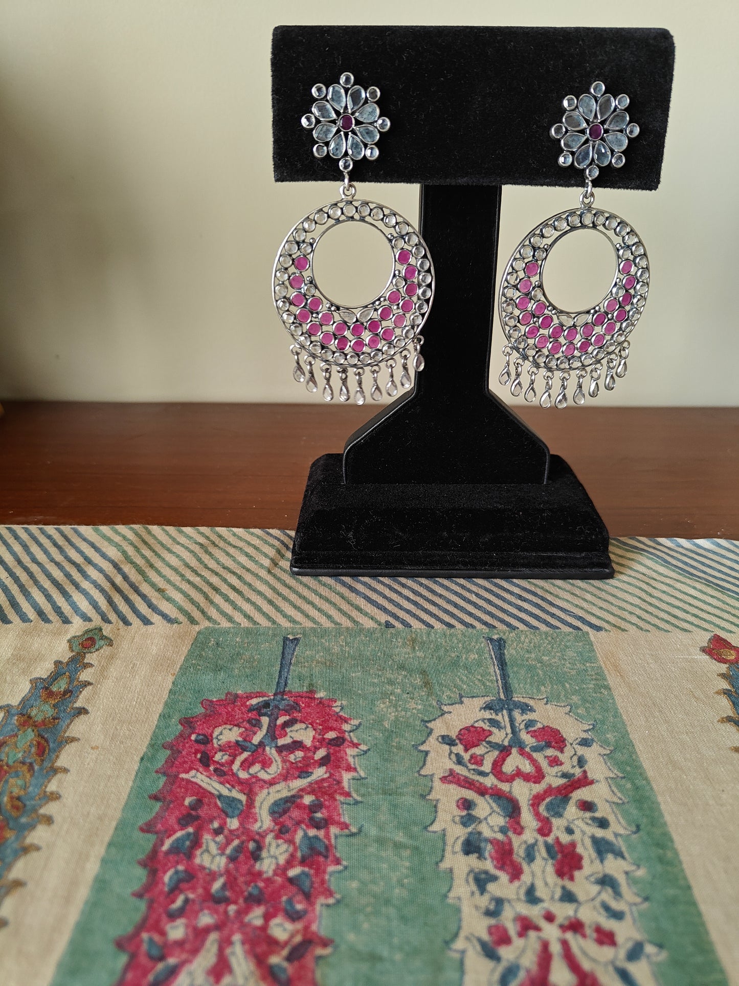 Devya silver Chand bali's(earrings) in ruby pink stone