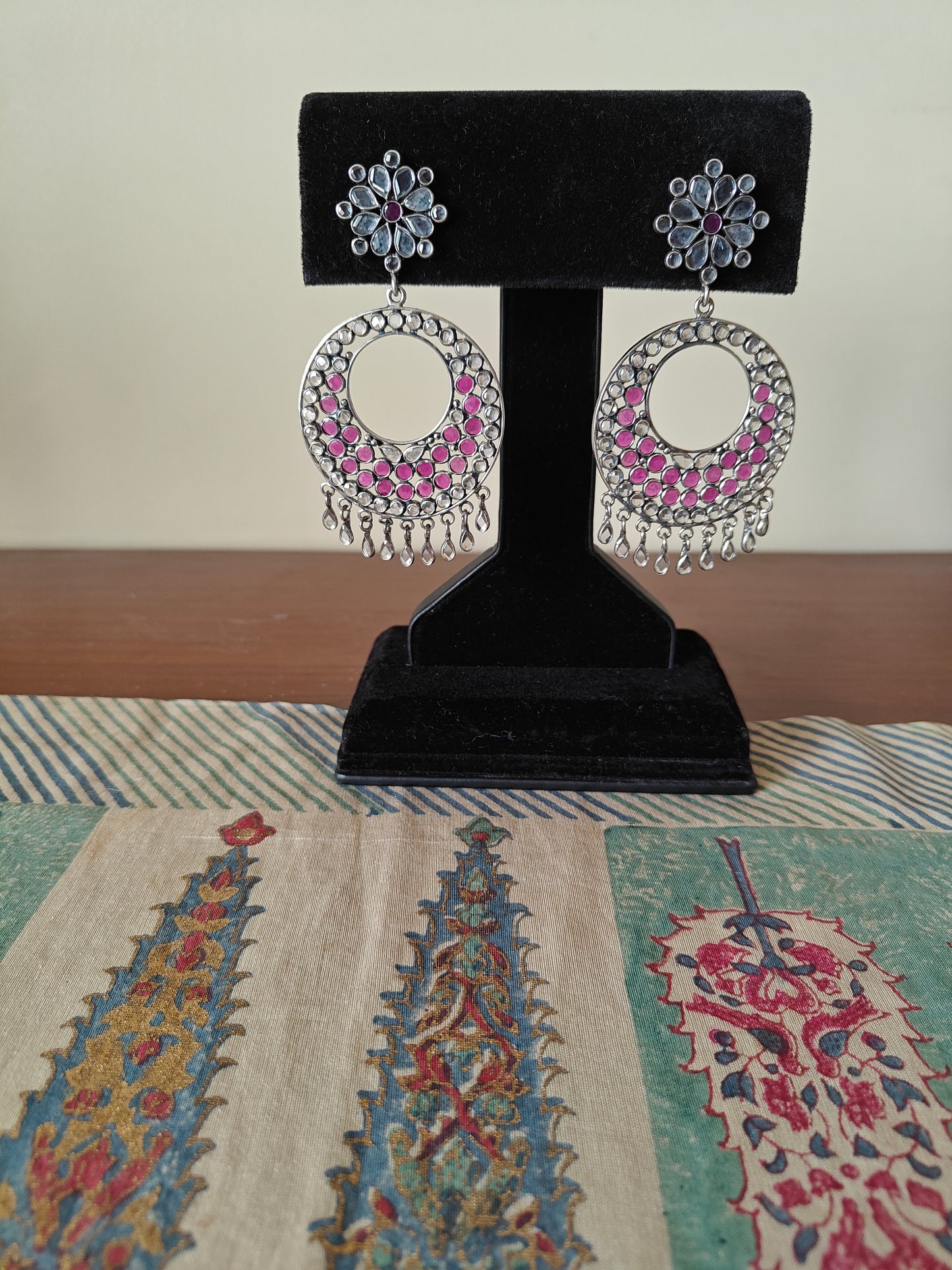 Devya silver Chand bali's(earrings) in ruby pink stone