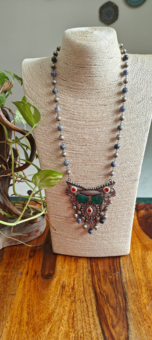 Dual tone necklace with blue stone and bead chain