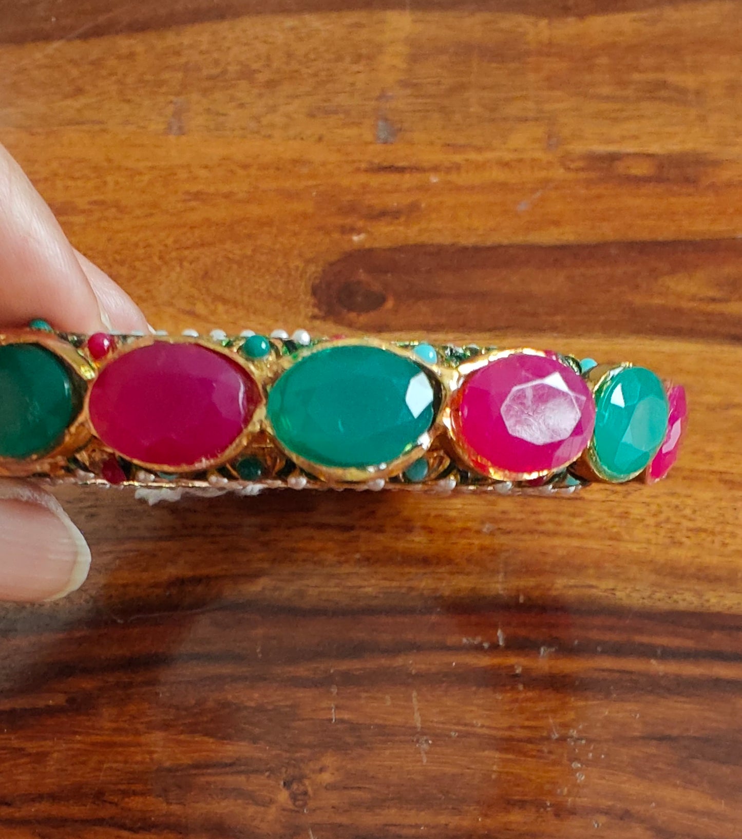 Kara( bangle) with jadau multicolour stones and green/green and red stones on top