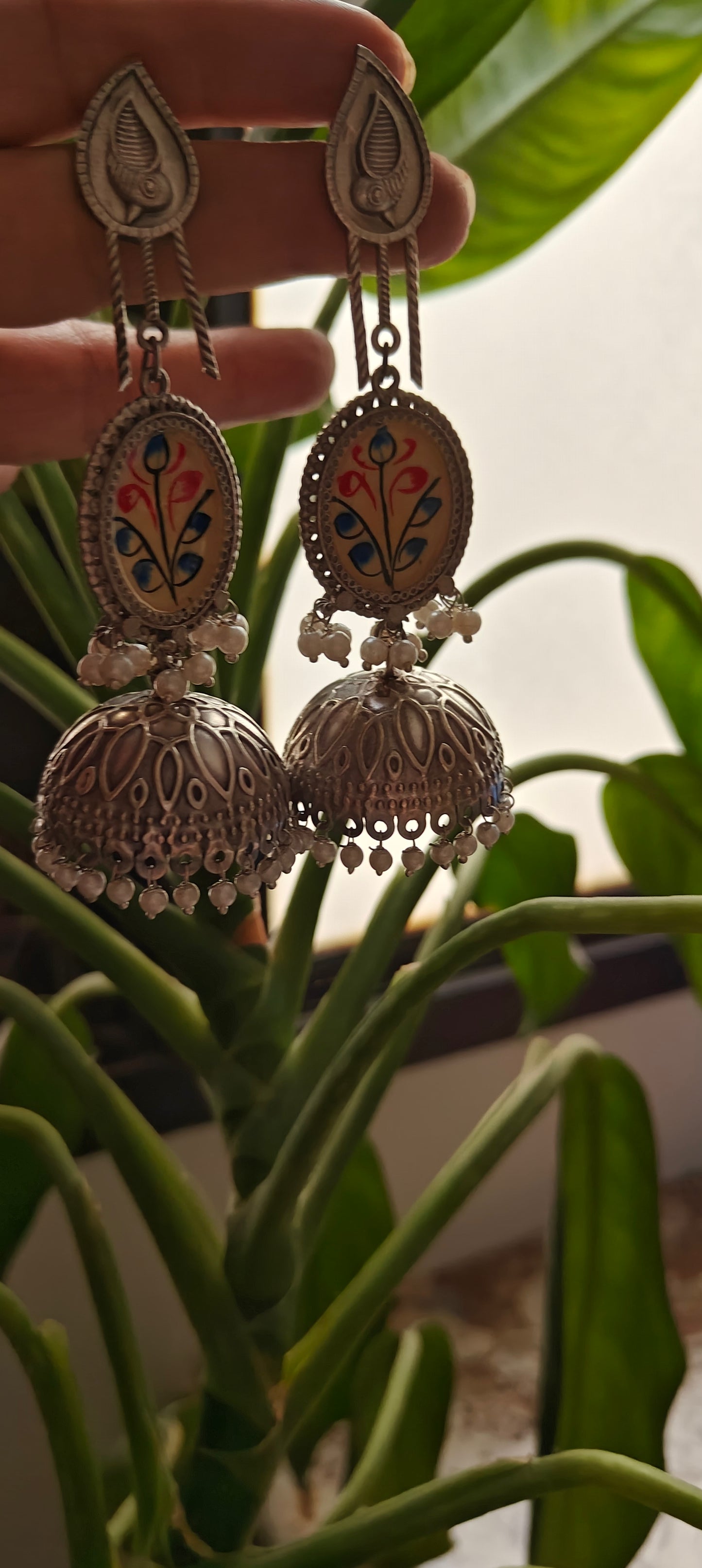 Long painted Jhumkis with long stud