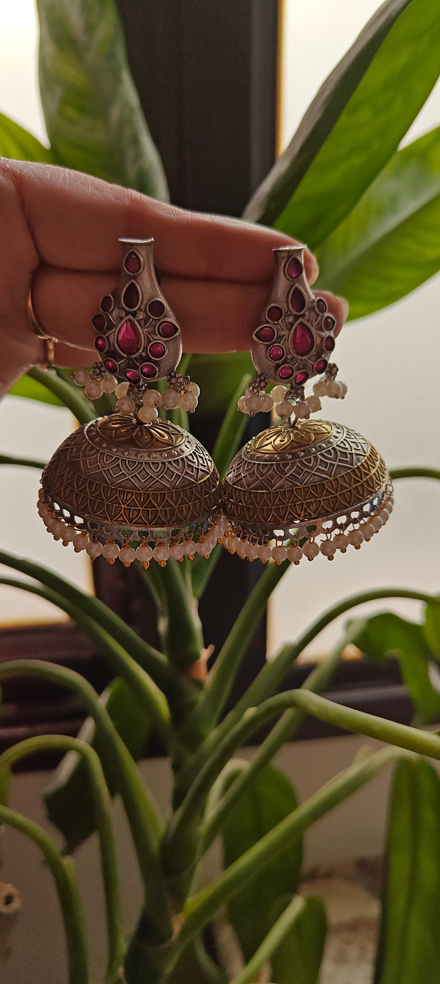 Dual tone jhumkis with stones on stud