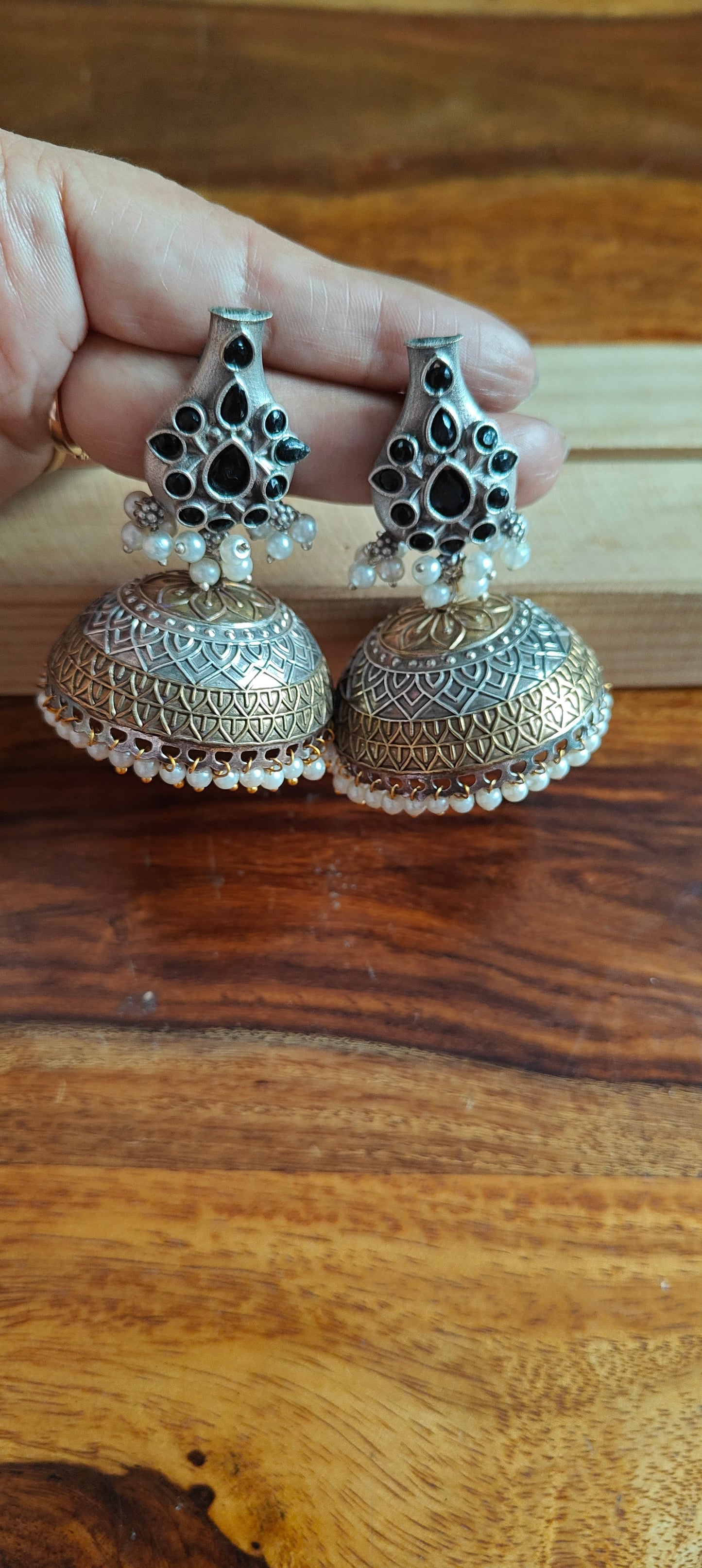 Dual tone jhumkis with stones on stud