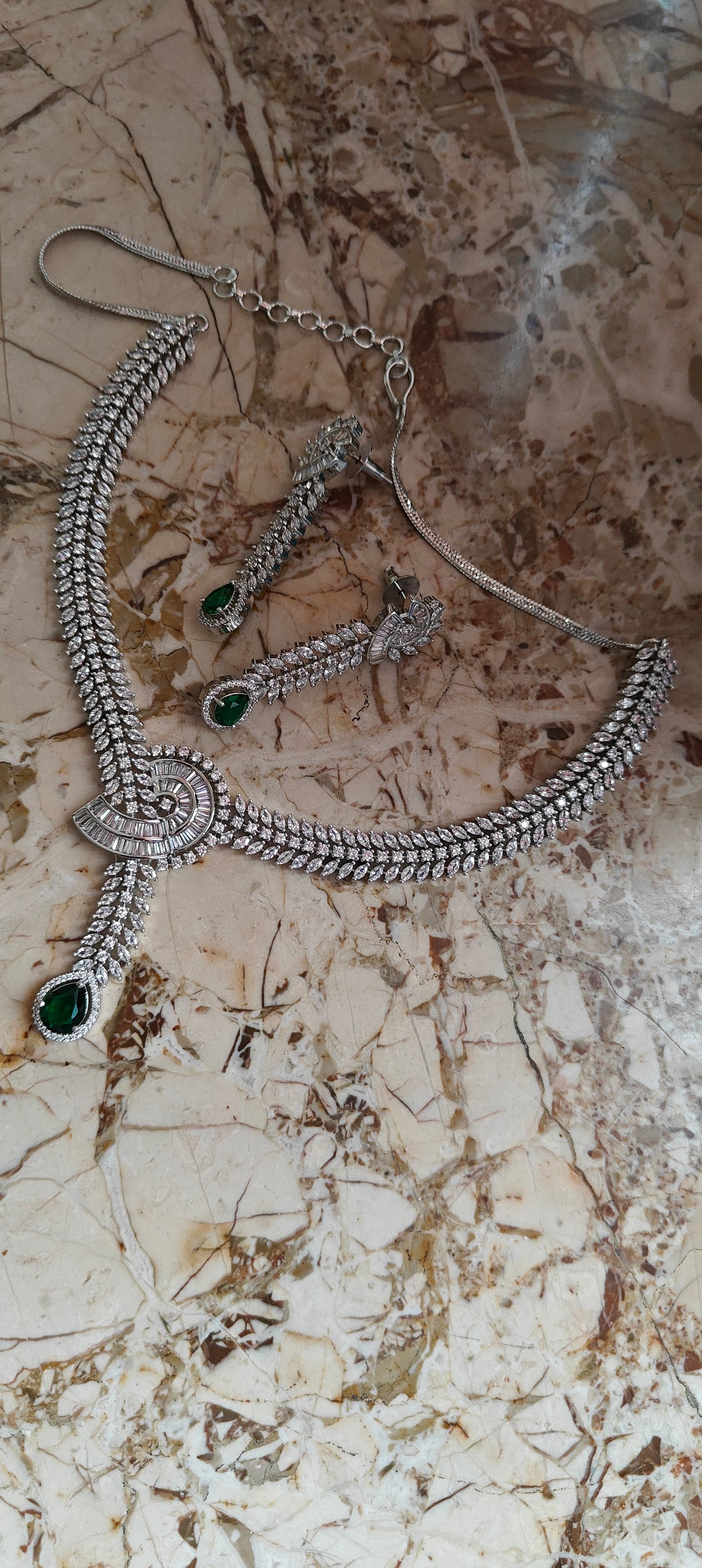 Divya set with CZ and emerald green stone drop