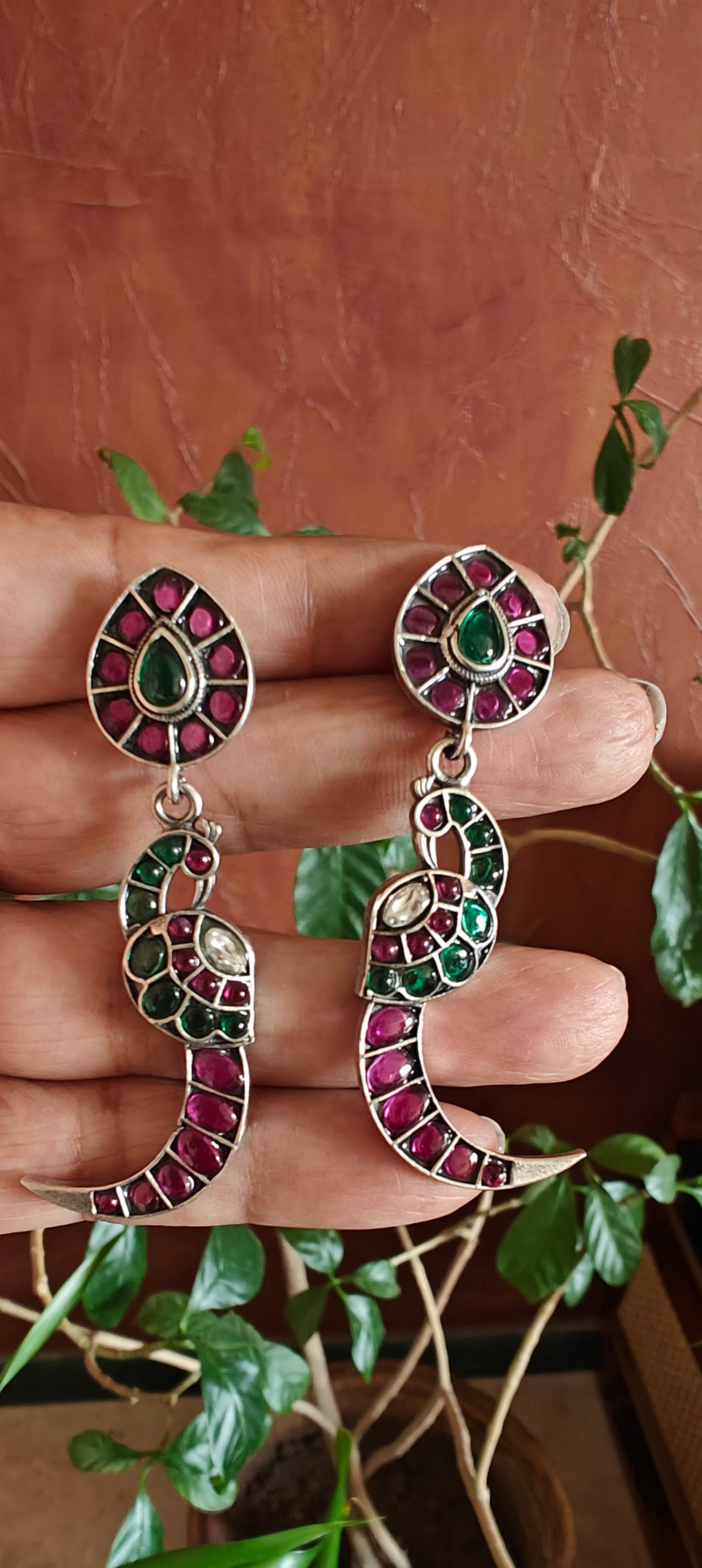 Bala silver peacock earrings with red and green stone