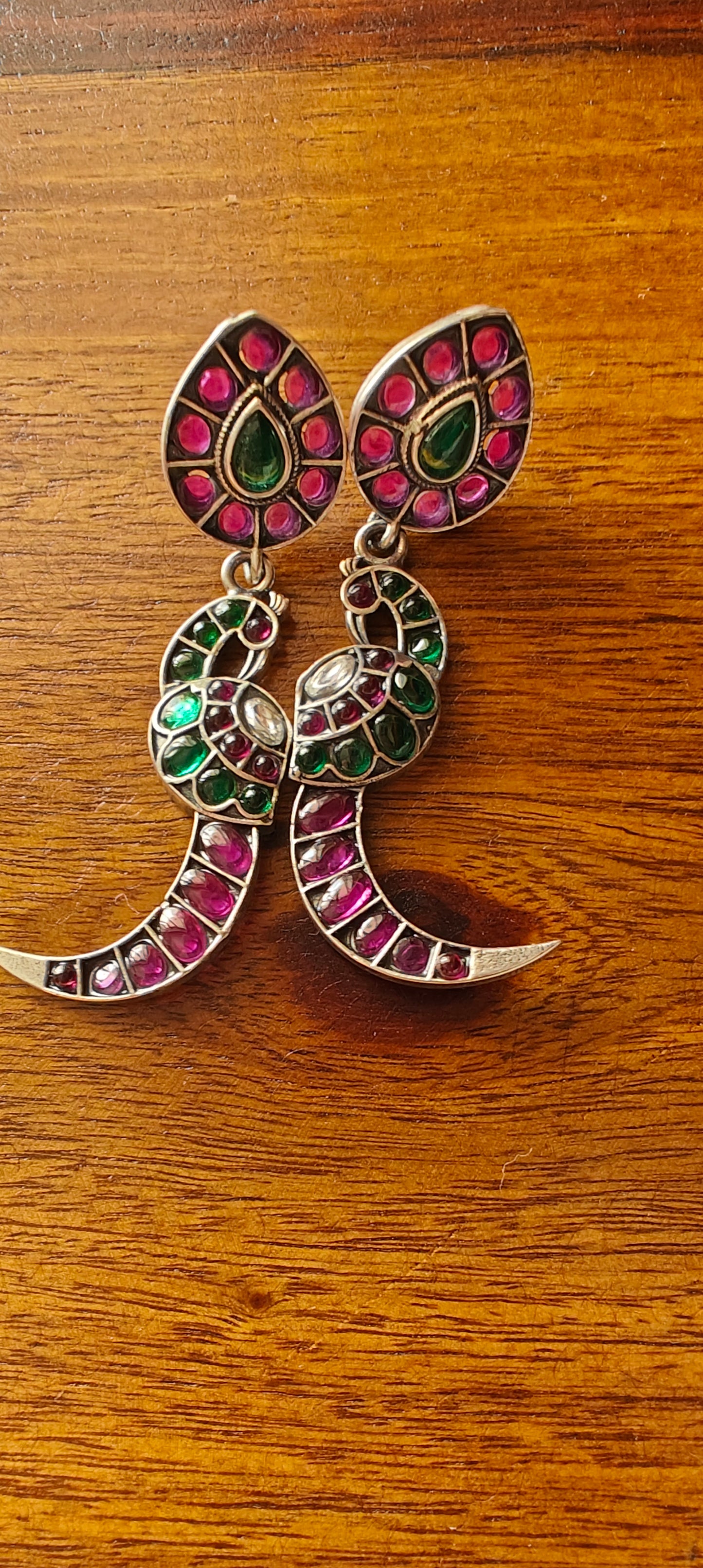 Bala silver peacock earrings with red and green stone