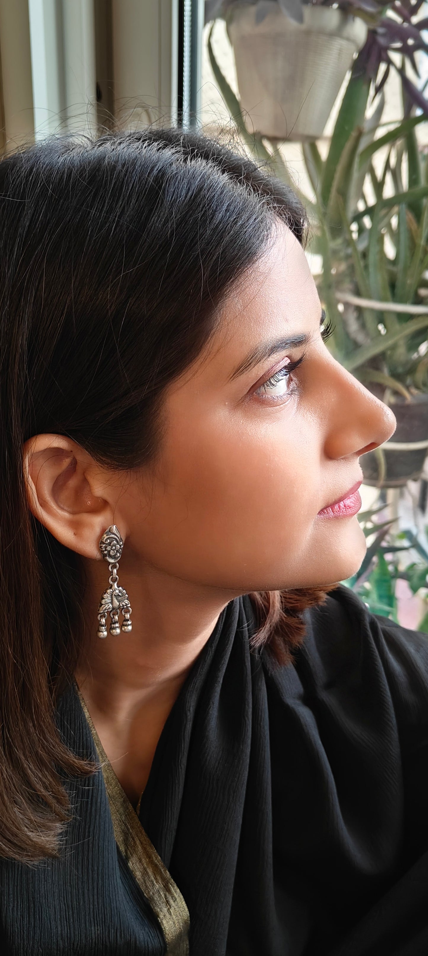 Asita hanging peacock silver earrings with beads