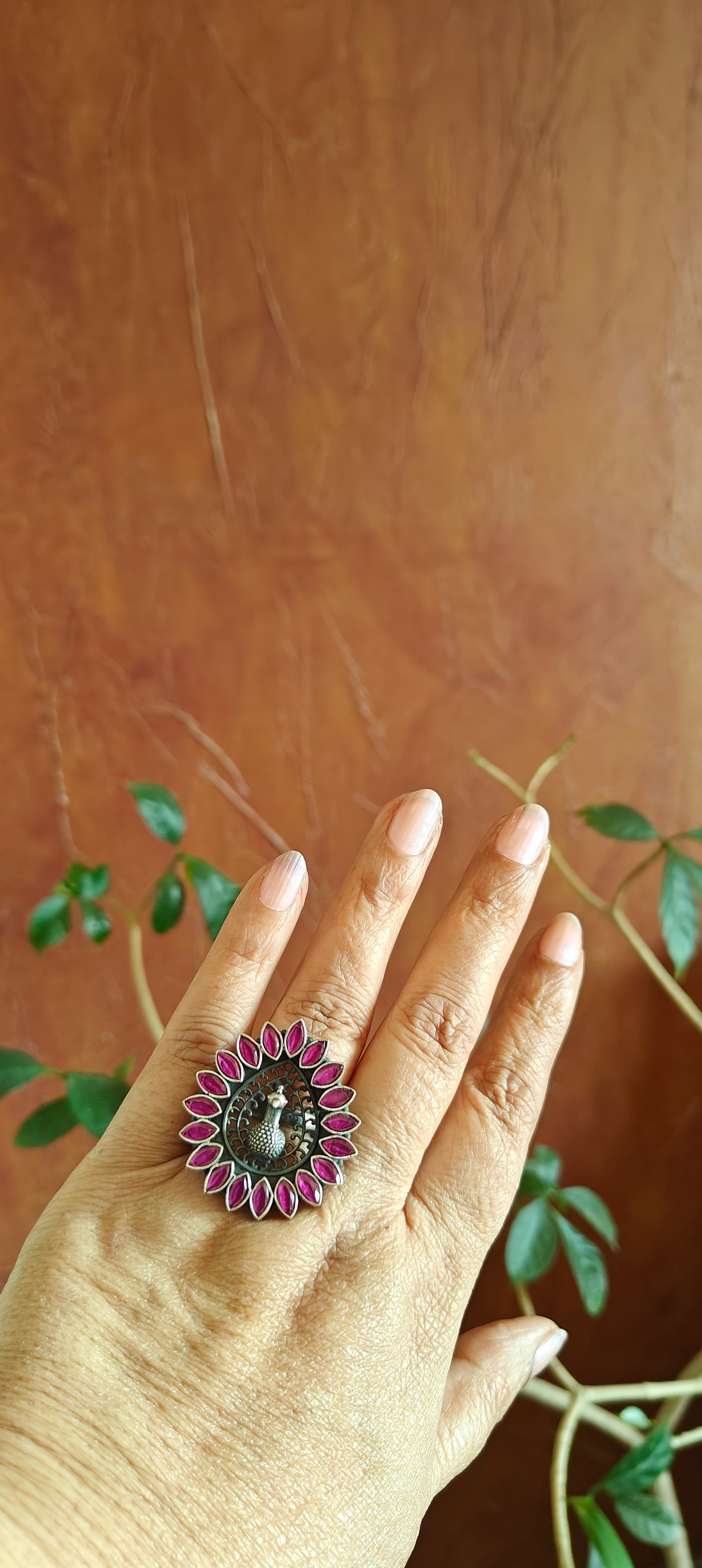 Silver(92.5)Peacock ring with red ruby all around