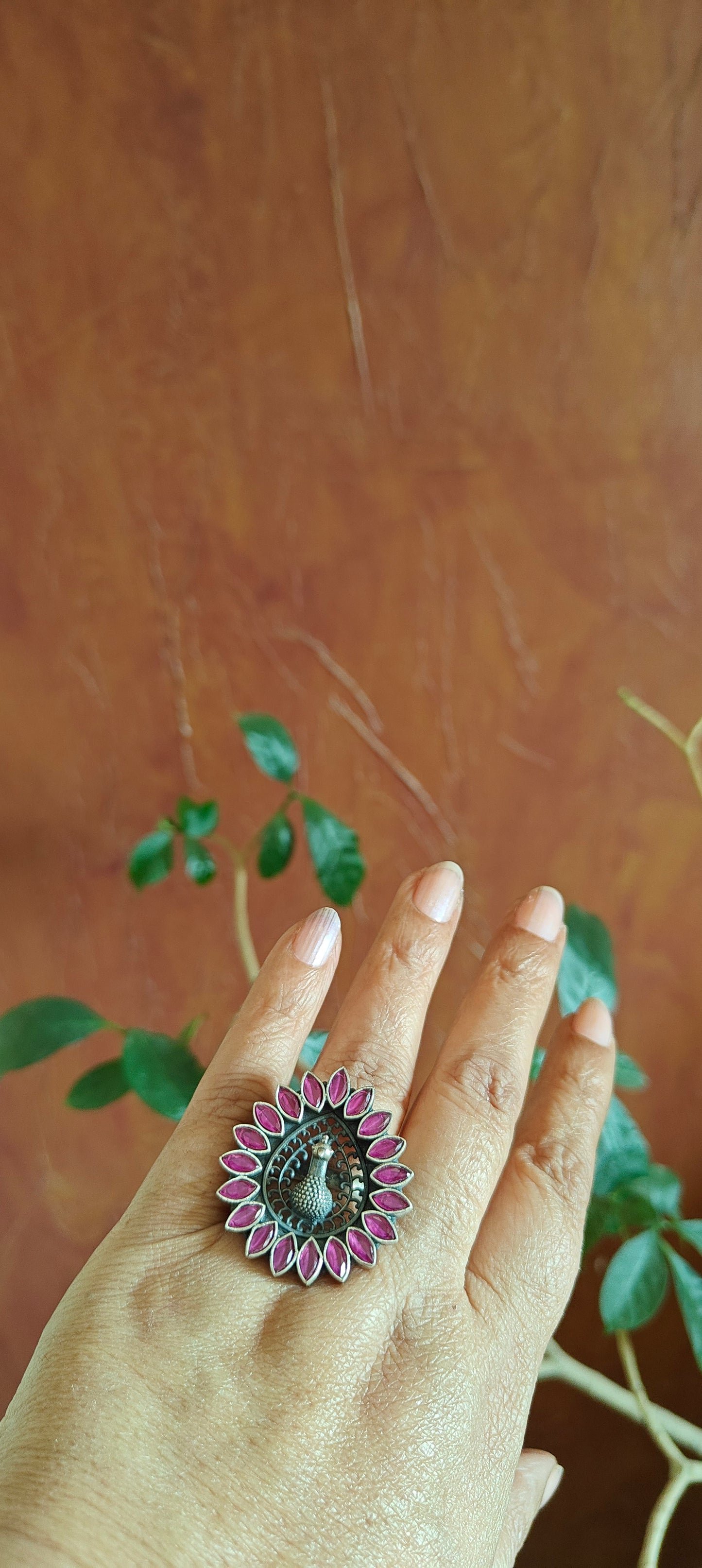 Silver(92.5)Peacock ring with red ruby all around
