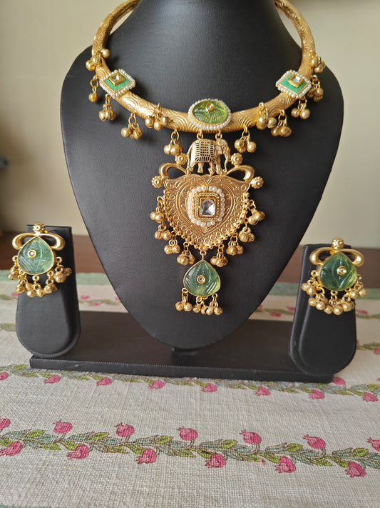 Chadna elephant thick hastli with mint green stones