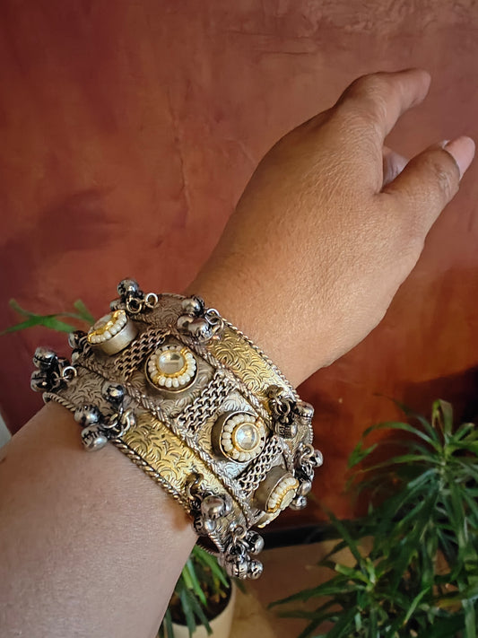 Dual tone kara( bangle) with pearl,kundan and ghungroos