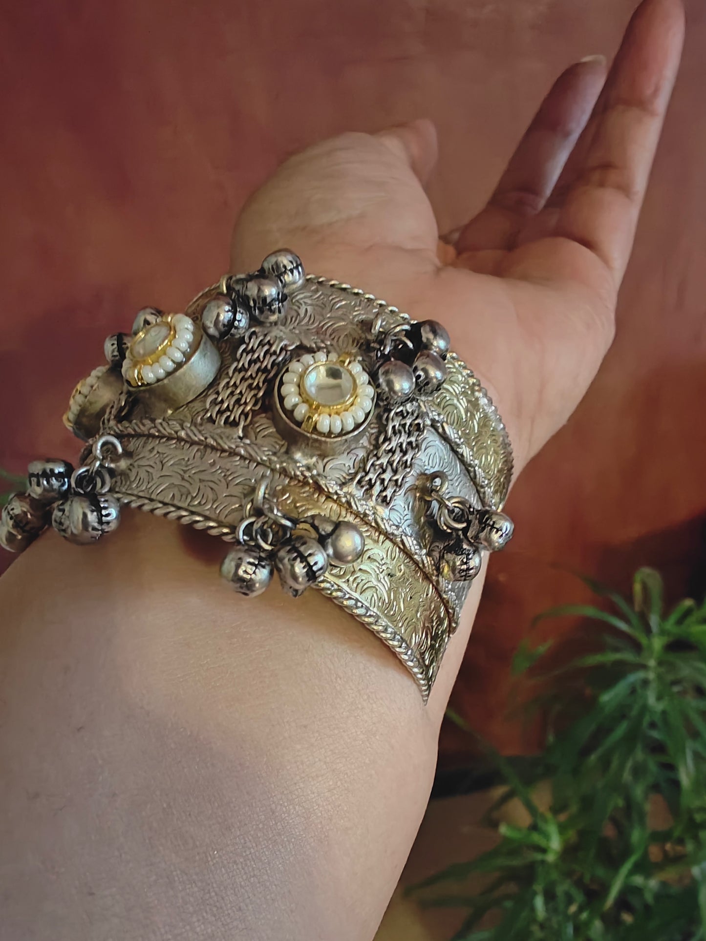Dual tone kara( bangle) with pearl,kundan and ghungroos