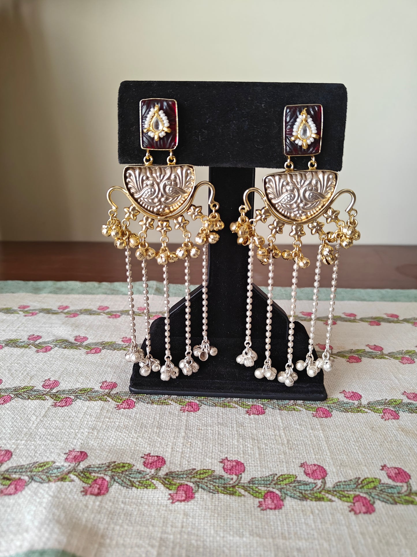 Long double tone earrings with kundan,stones and ghungroos