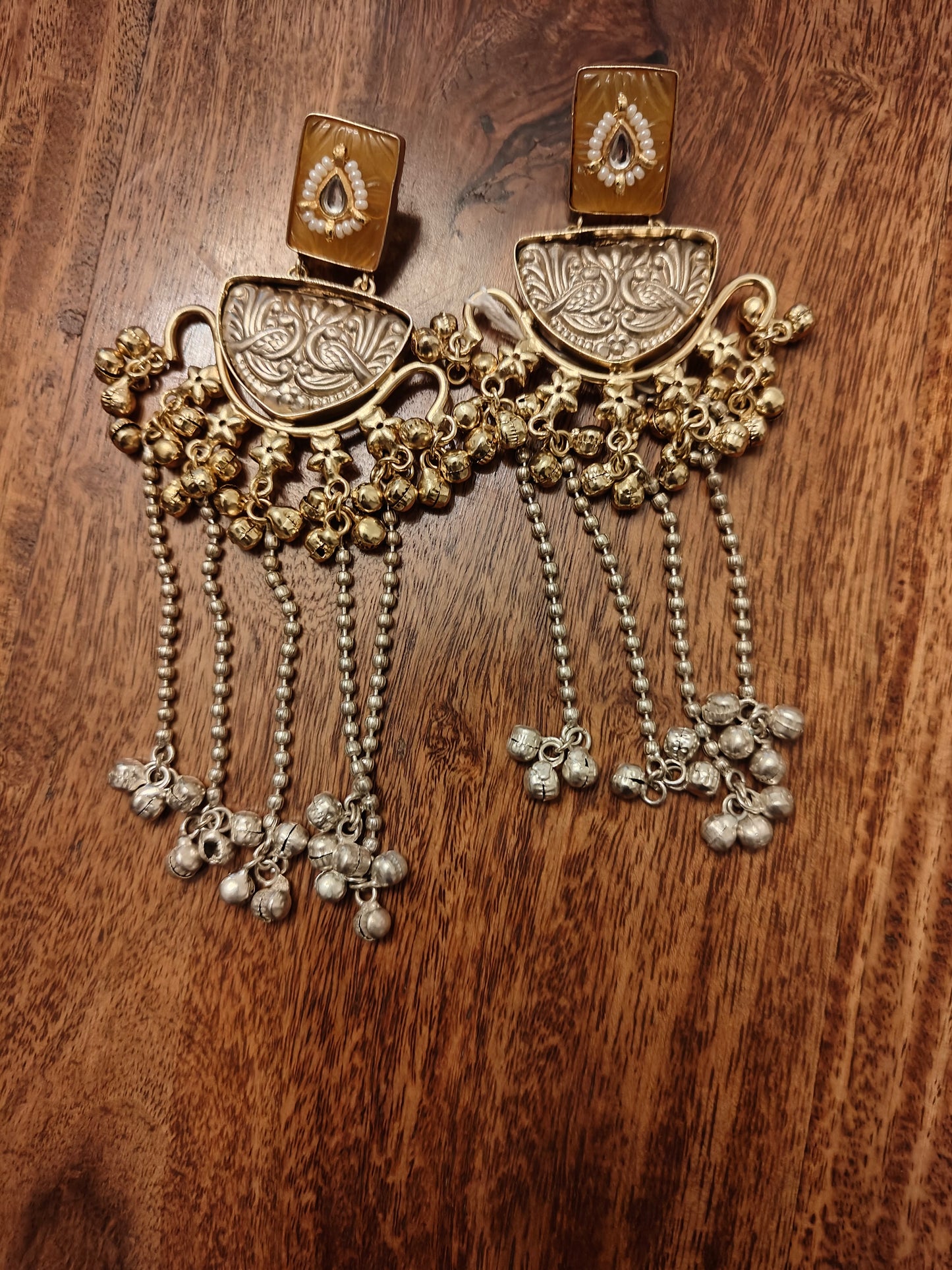 Long double tone earrings with kundan,stones and ghungroos