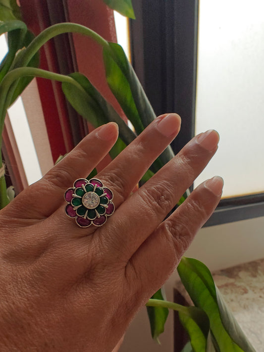 Sterling silver ring with red and green stone