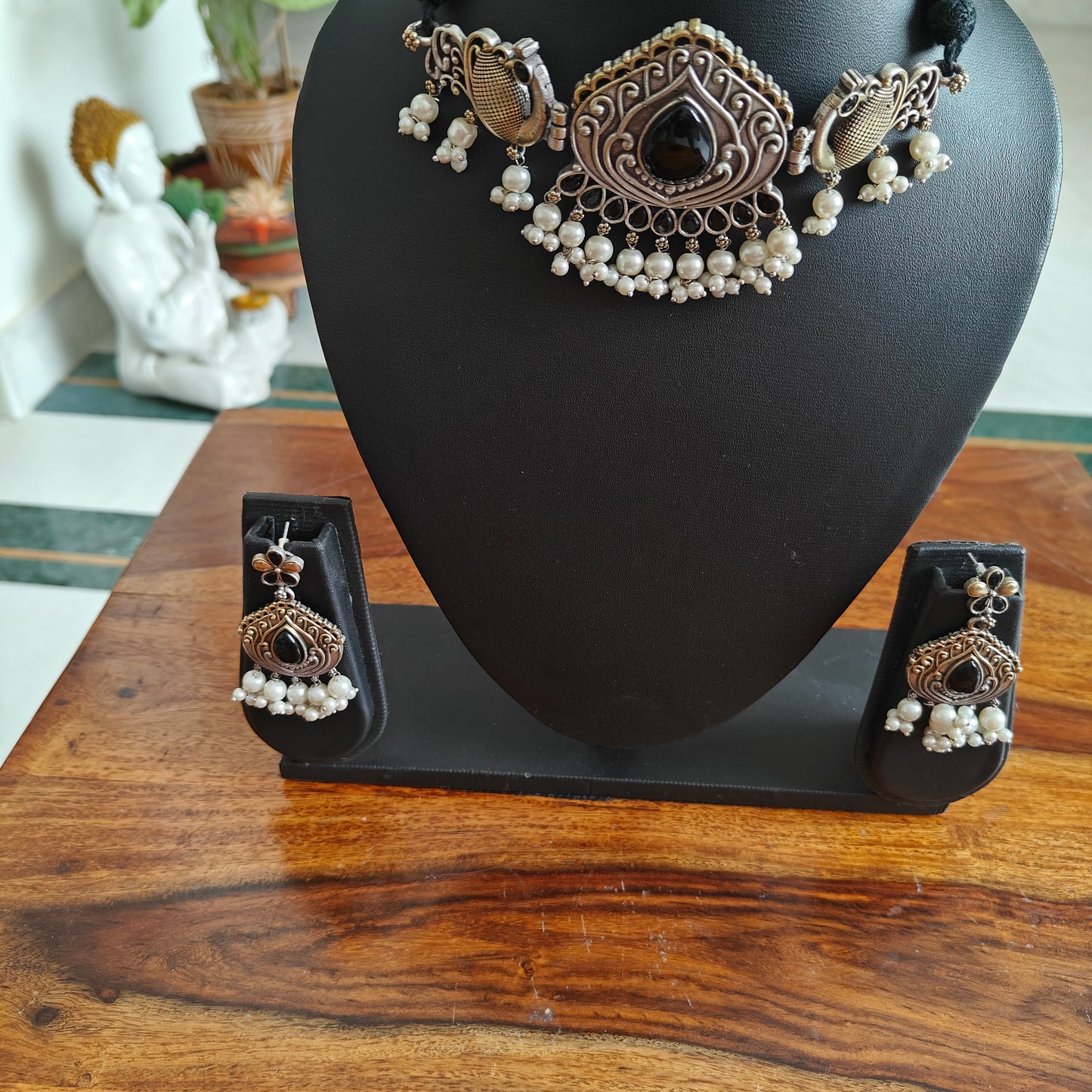 Choker set in dual tone with stone and peacocks