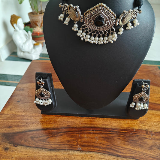 Choker set in dual tone with stone and peacocks