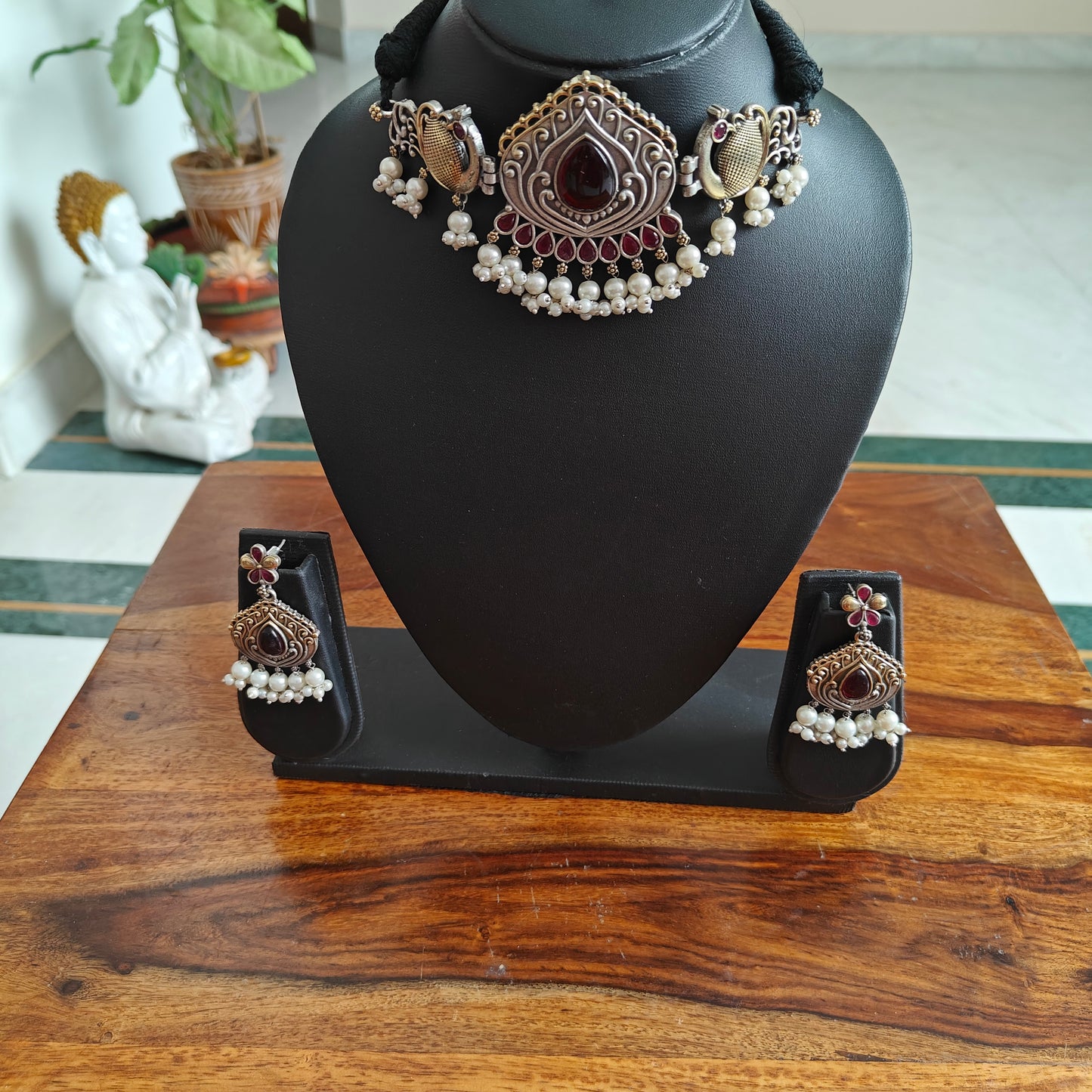 Choker set in dual tone with stone and peacocks