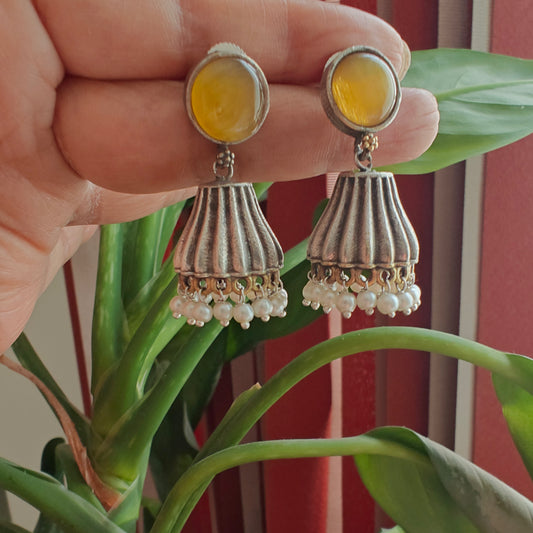 Dual tone jhumkis with yellow stone stud