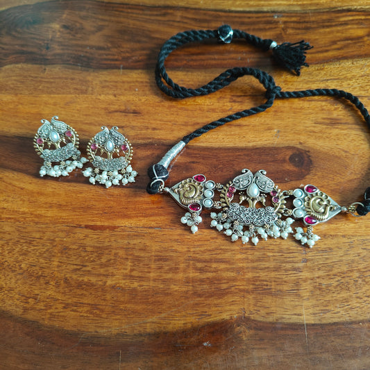 Dual tone choker set peacocks pearls and stones