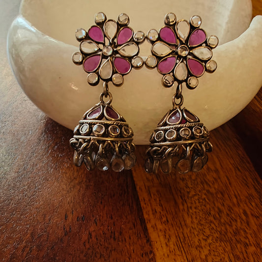 Sterling silver jhumkis with ruby pink and transparent stone
