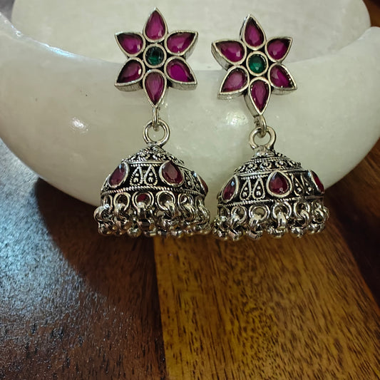 Sterling silver jhumkis on red flower stud