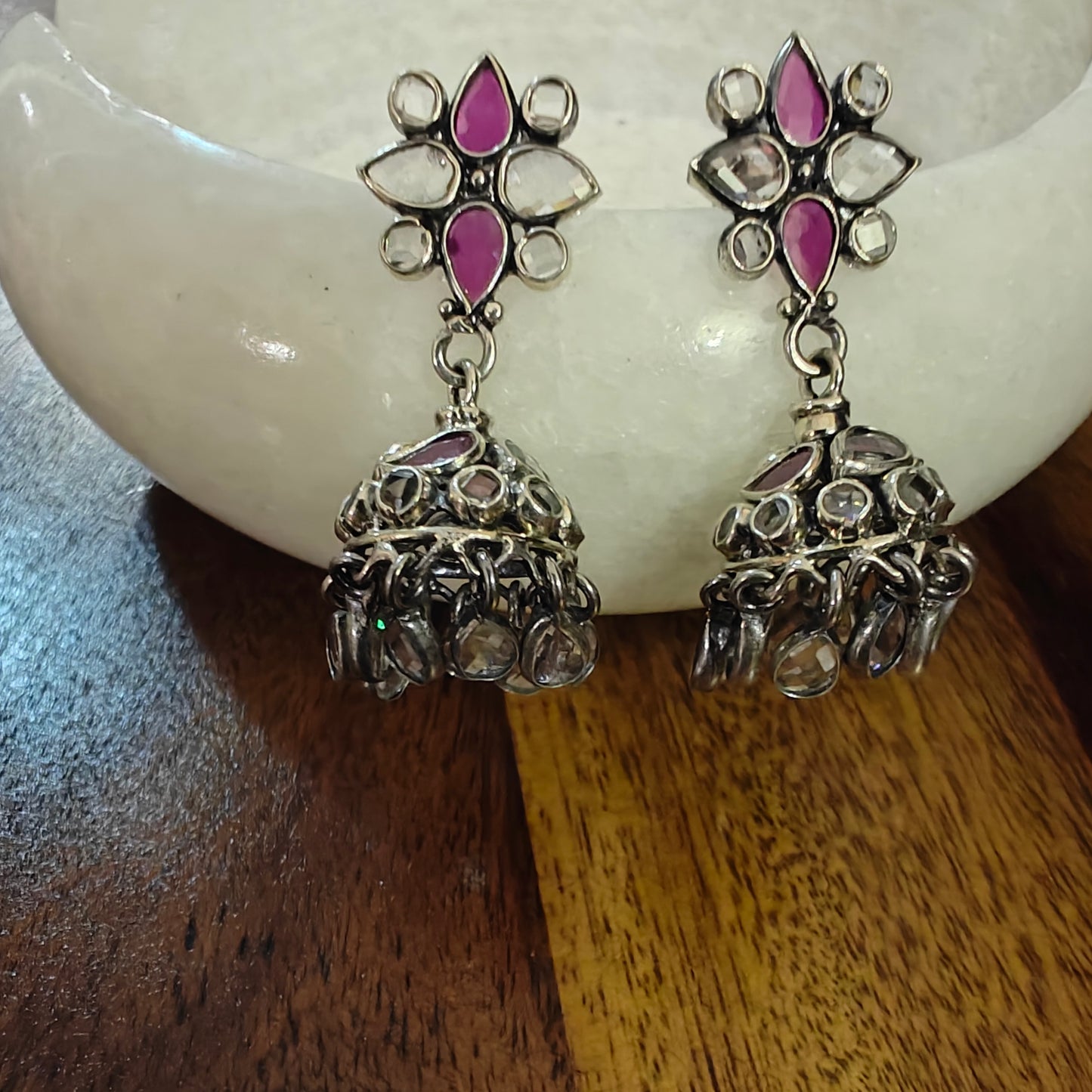 Silver earrings with stones and jhumkis