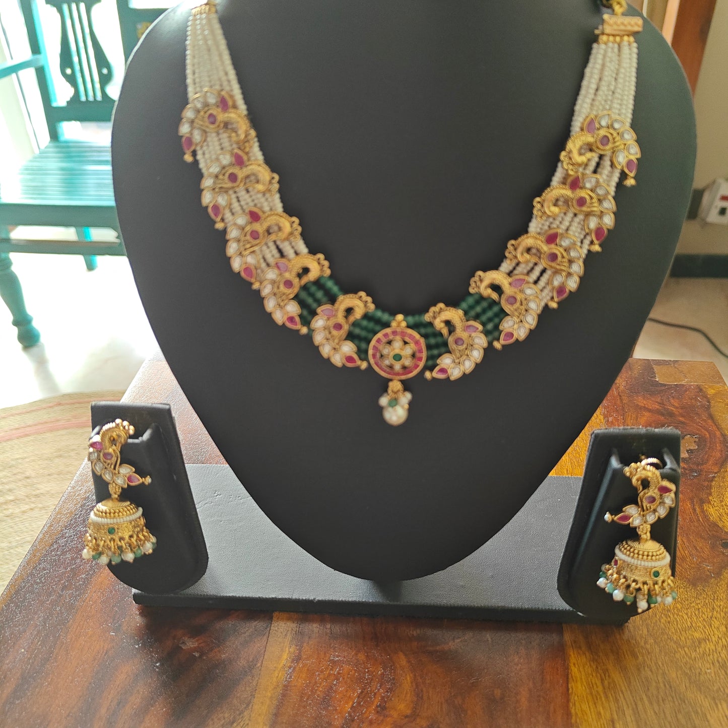 Kishori set with peacocks on poth pearl strings