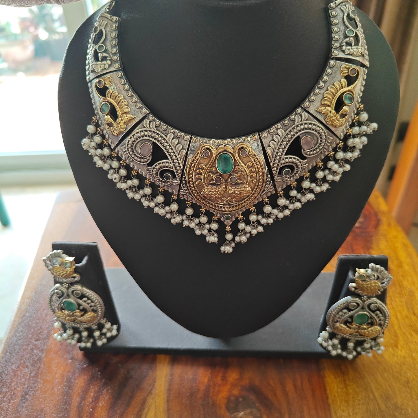 Dual tone set with pink and mint green stones