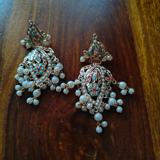 Jadau earrings with pearls and Navratan stones