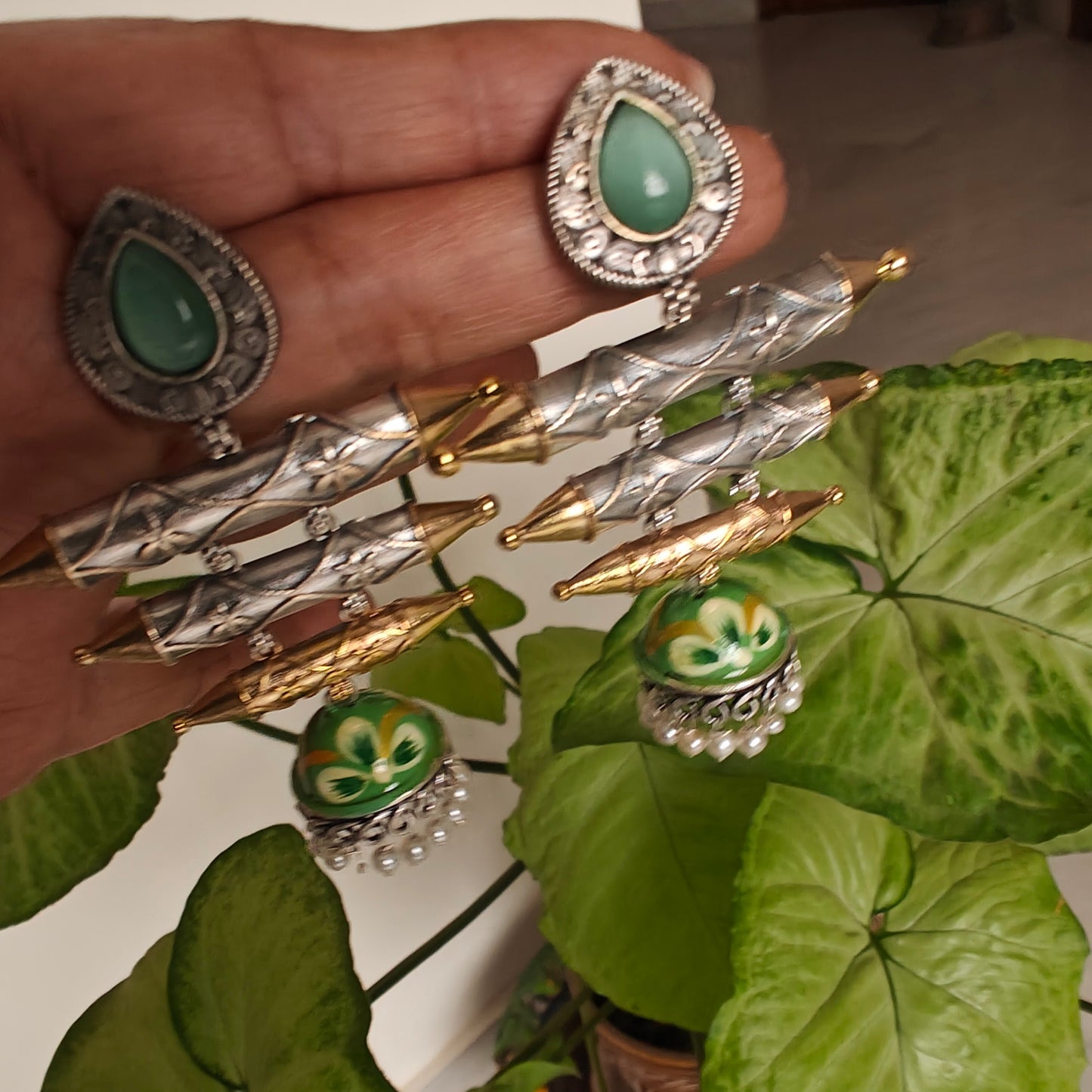 Dual tone earrings with painted jhumki