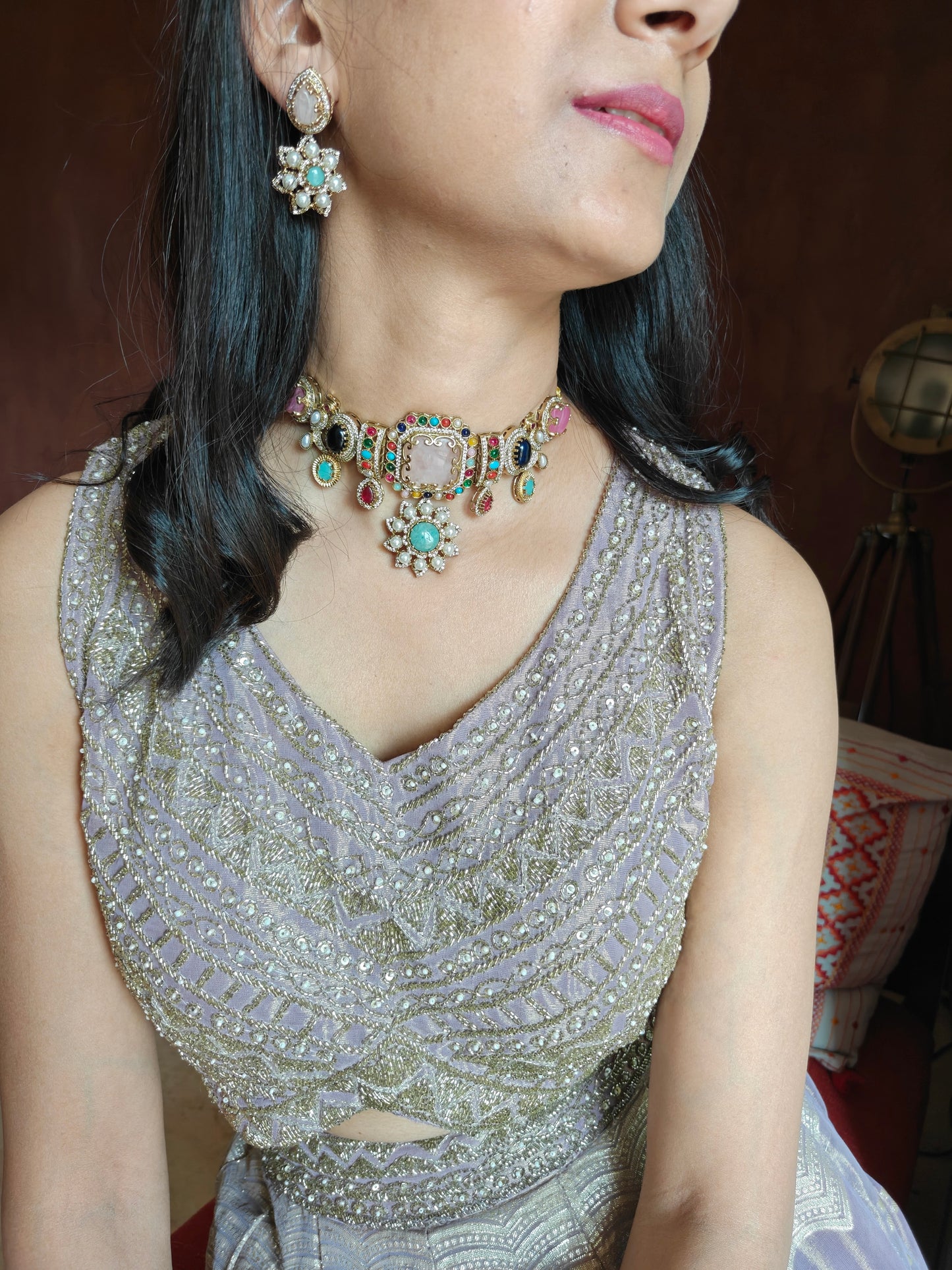Vidula choker set with stones and pearls