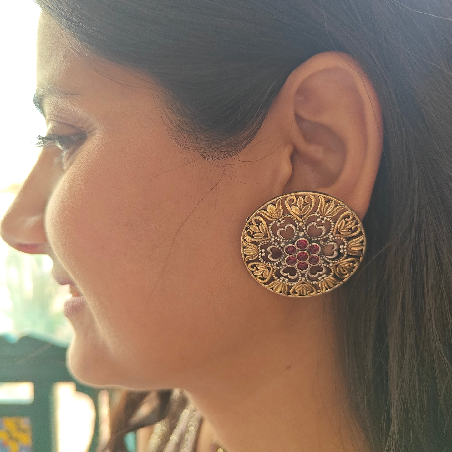 Dual tone big round studs(earrings) with jali work and stones