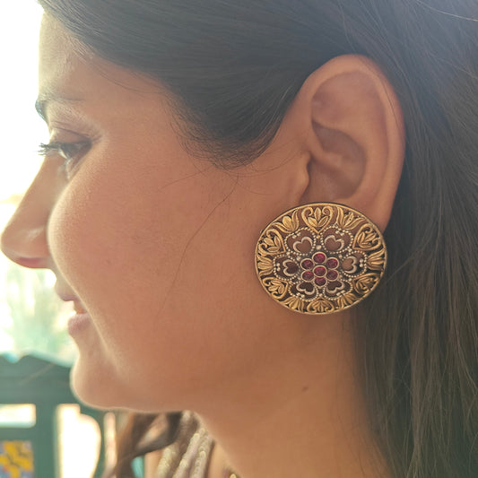Dual tone big round studs(earrings) with jali work and stones