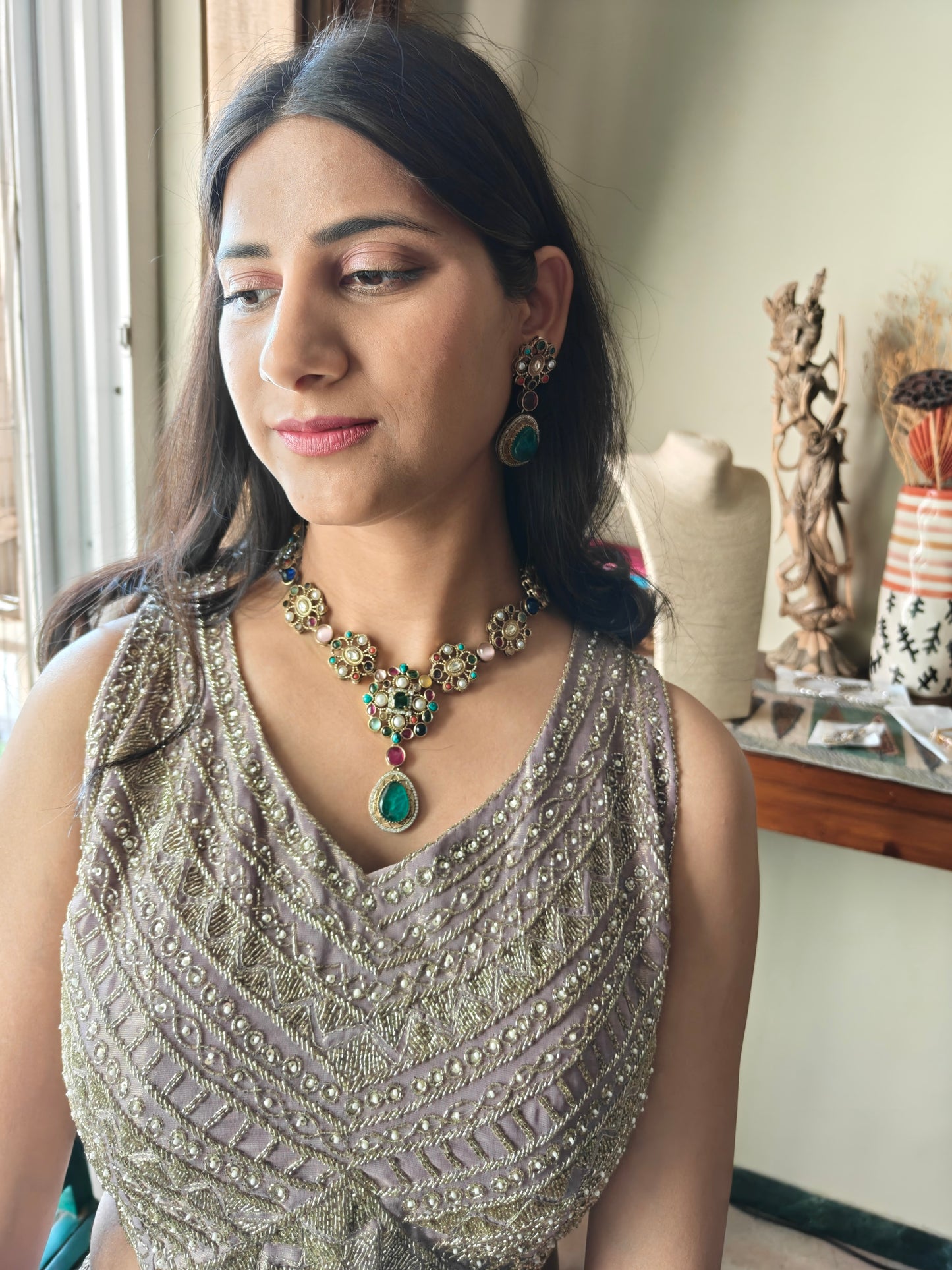 Swetha stone embedded necklace set