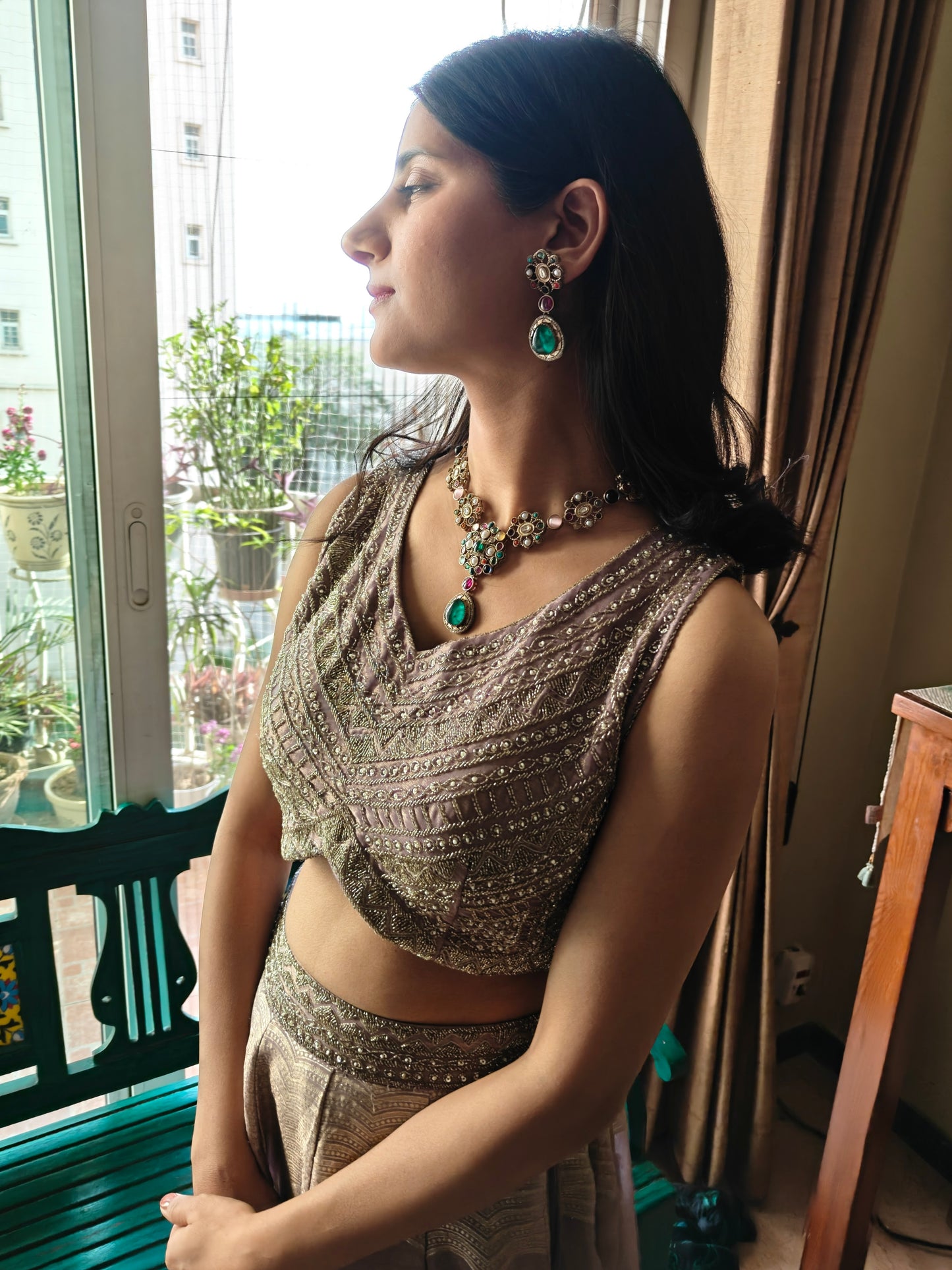 Swetha stone embedded necklace set