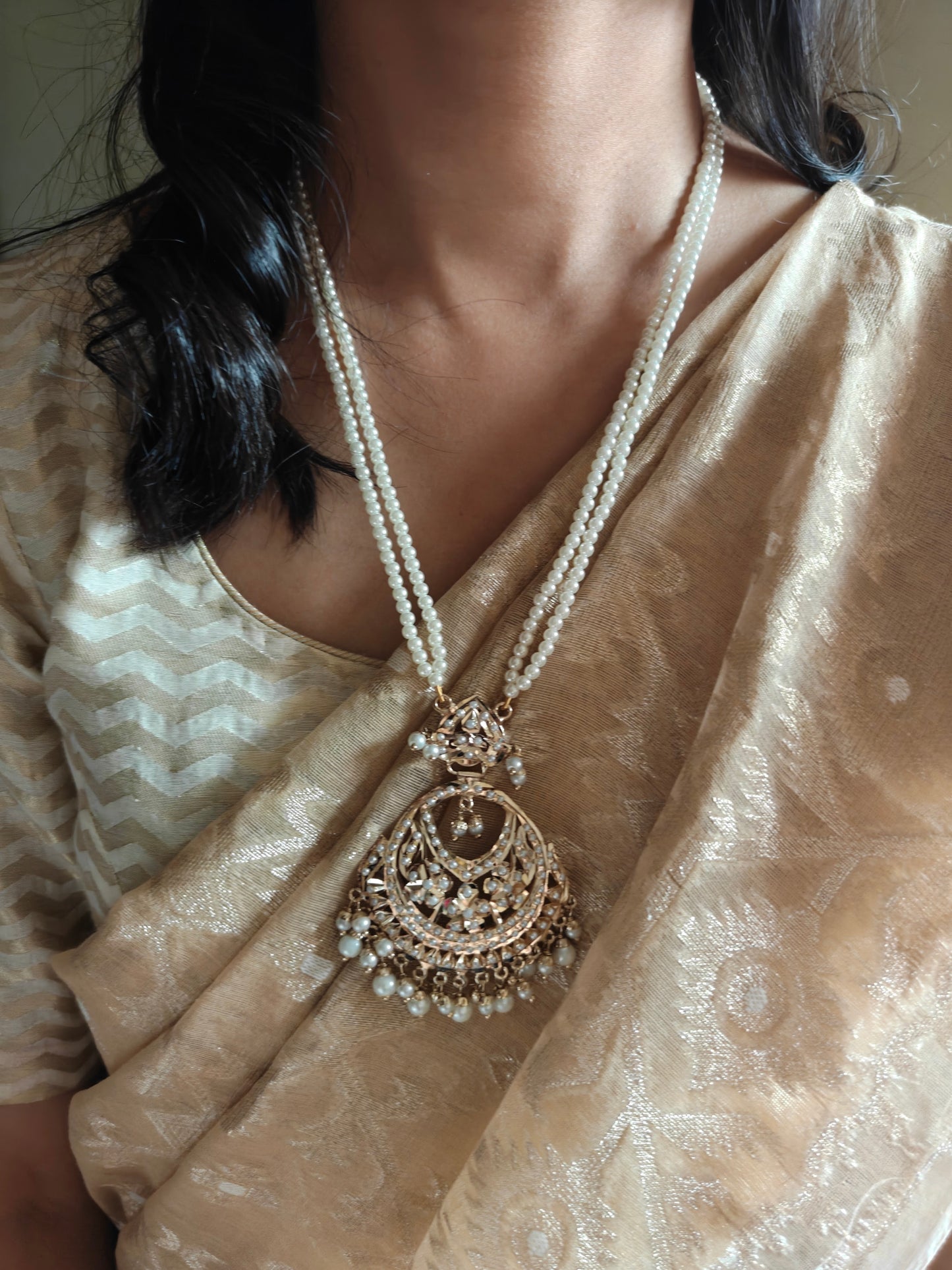 Jadau chandbali style pearl necklace set