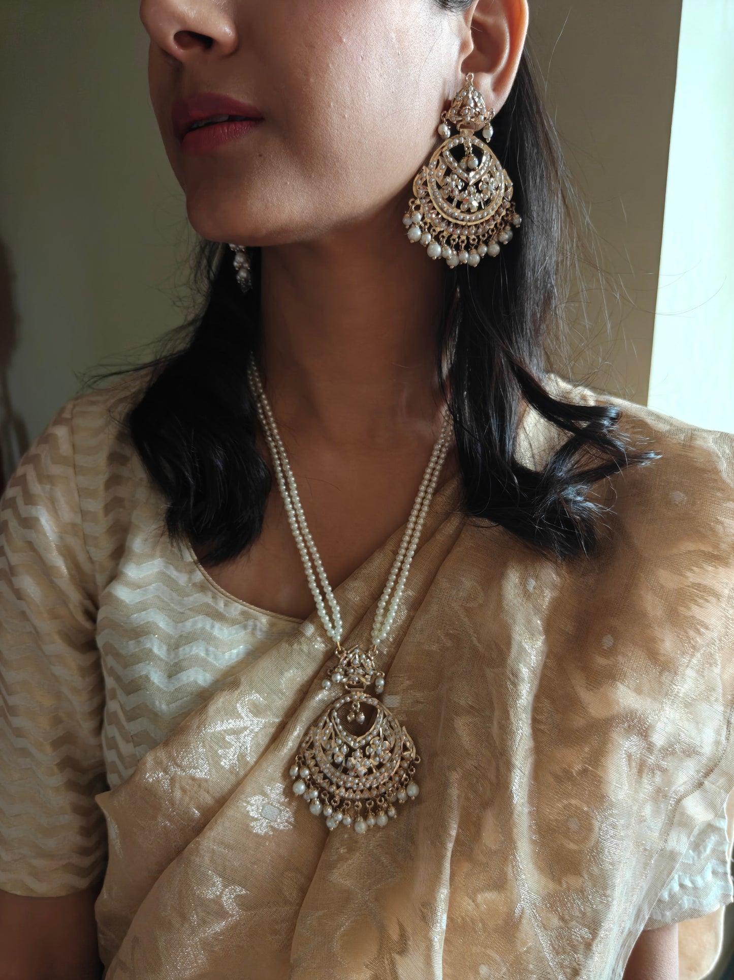 Jadau chandbali style pearl necklace set