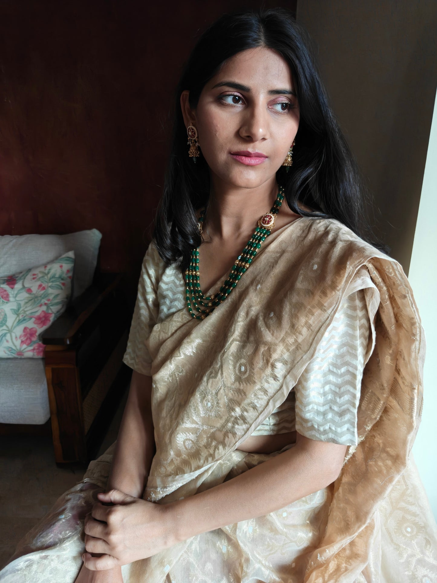 Riti emerald green stone and golden beads necklace set