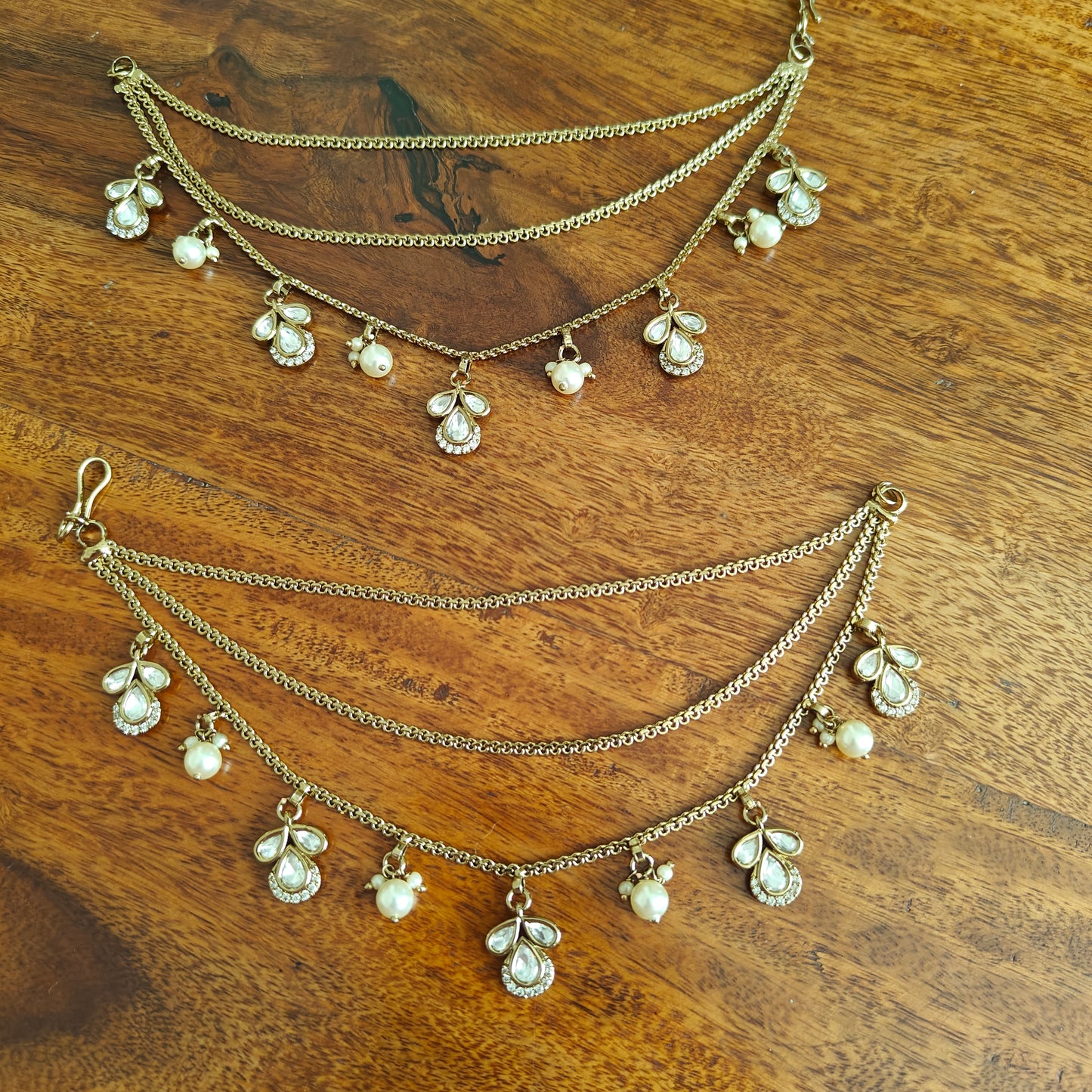 Ear chains in antique finish with kundan and pearls