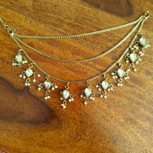 Ear chains in antique finish with teardrop tyani kundan hangings