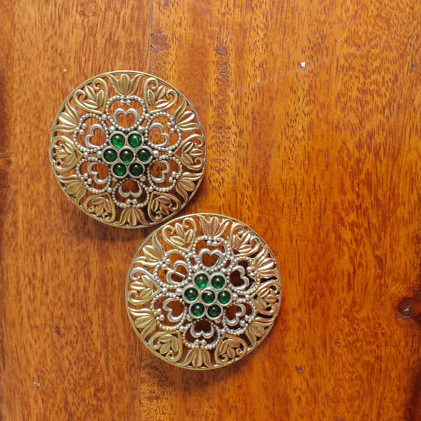 Dual tone big round studs(earrings) with jali work and stones