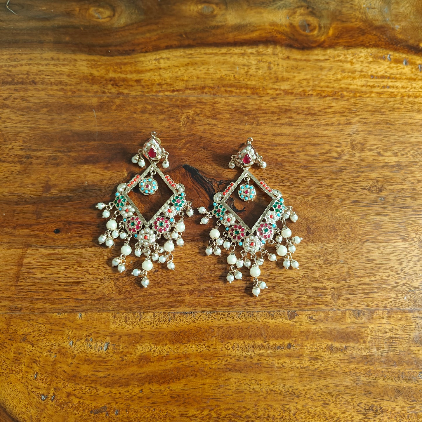 Jadau navratan diamond shaped earrings