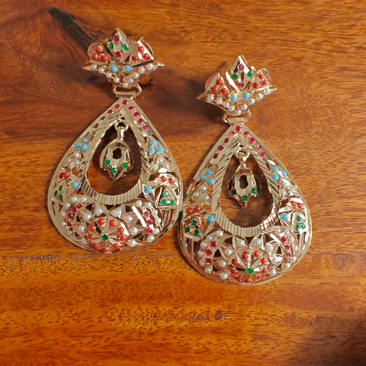 Jadau navratan drop shaped earrings