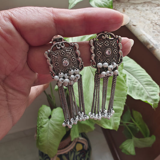 Earrings with square stud,pearl clusters below and chain hangings