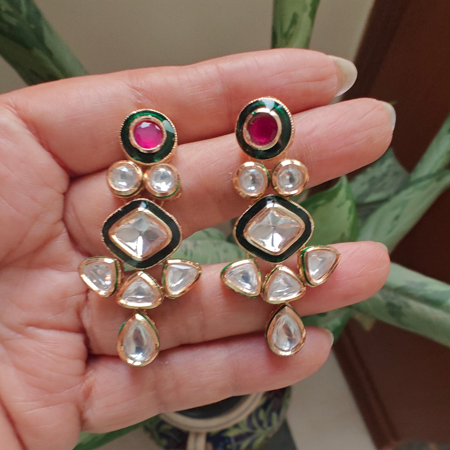 Moissanite earrings with stone and meenakari