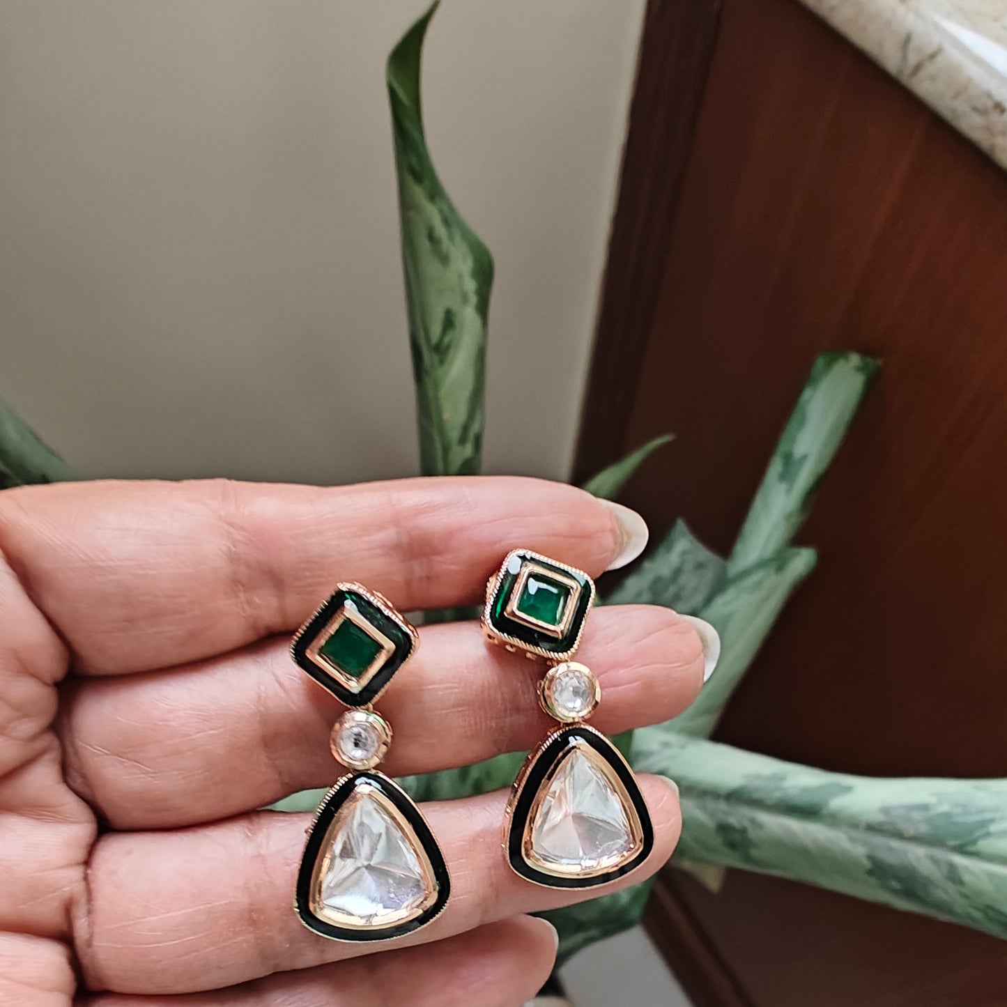 Earrings with moissanite drops and meenakari