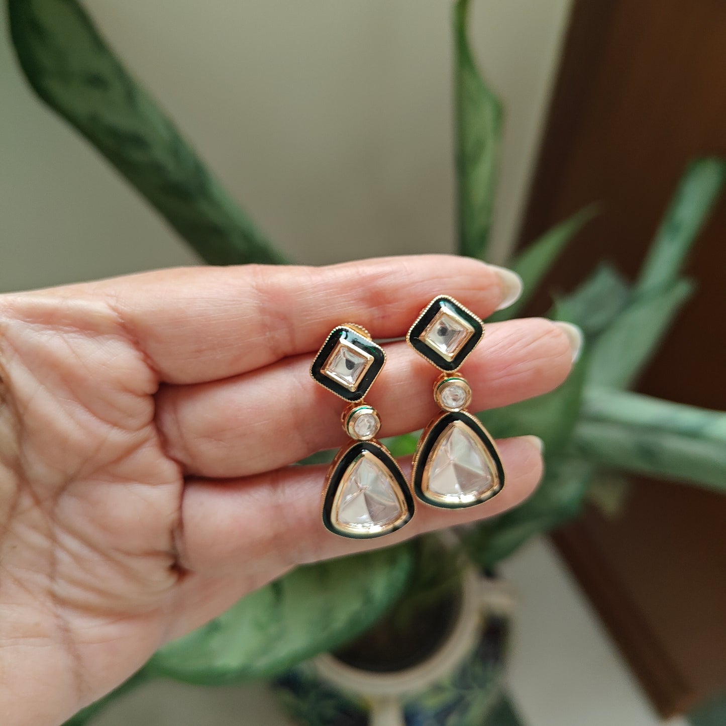 Earrings with moissanite drops and meenakari