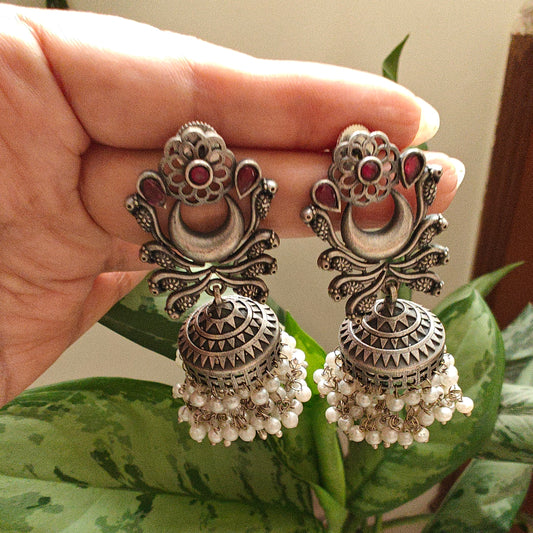 Jhumki's with pearls on peacock motif
