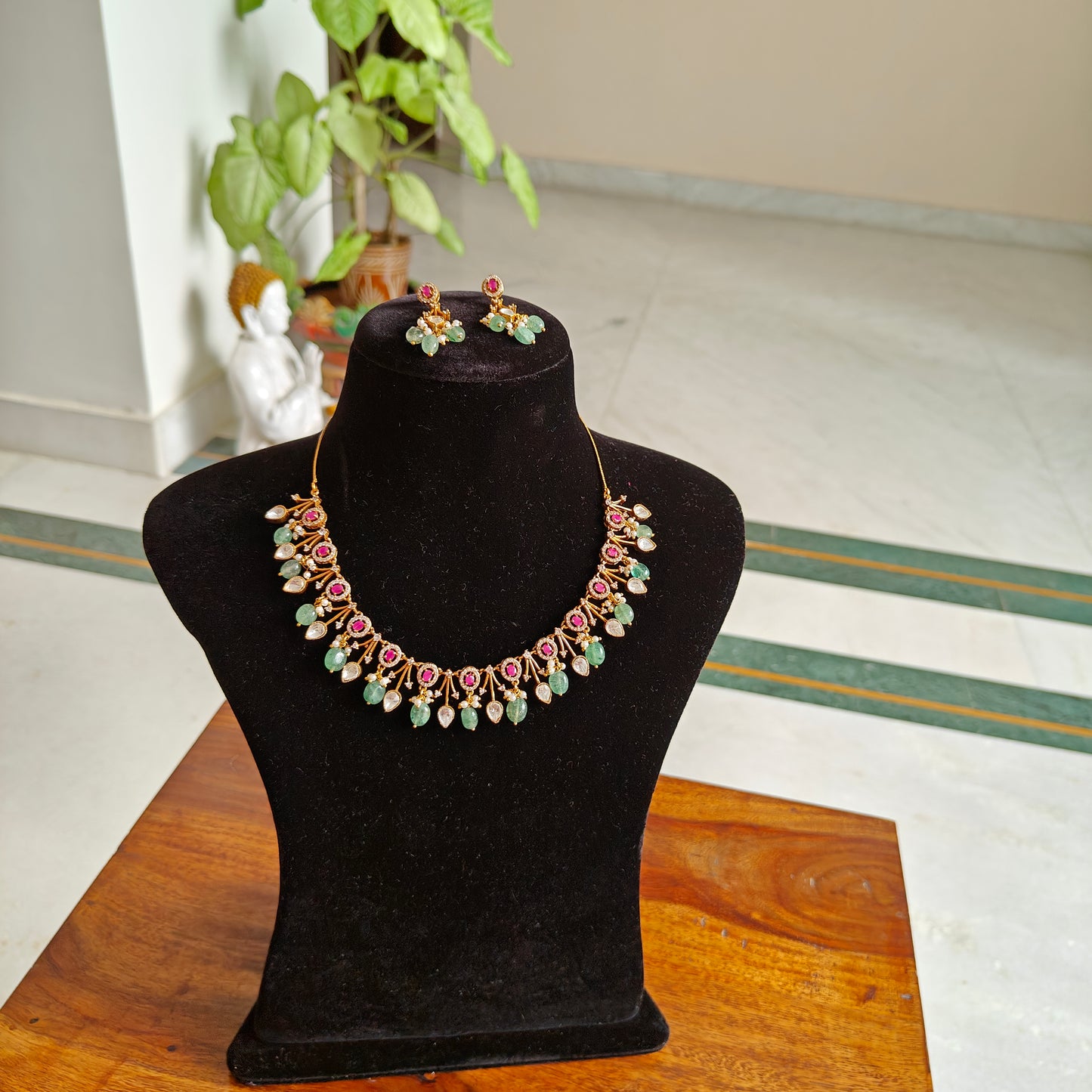 Sadhri set with Ruby red stones, moissanite and mint green stones
